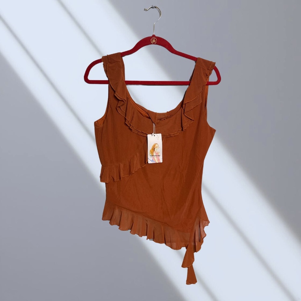 Brown Asymmetrical Ruffled Sleeveless Blouse - Picture 1 of 5